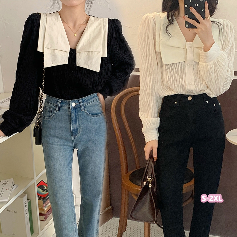 🌵Grace_chili🌵 เสื้อเชิ้ตแขนยาวผูกโบว์ เสื้อเชิ้ตผู้หญิง ลวดลายพื้นผิว หรูหรา เก๋ไก๋ กระดุม 99078