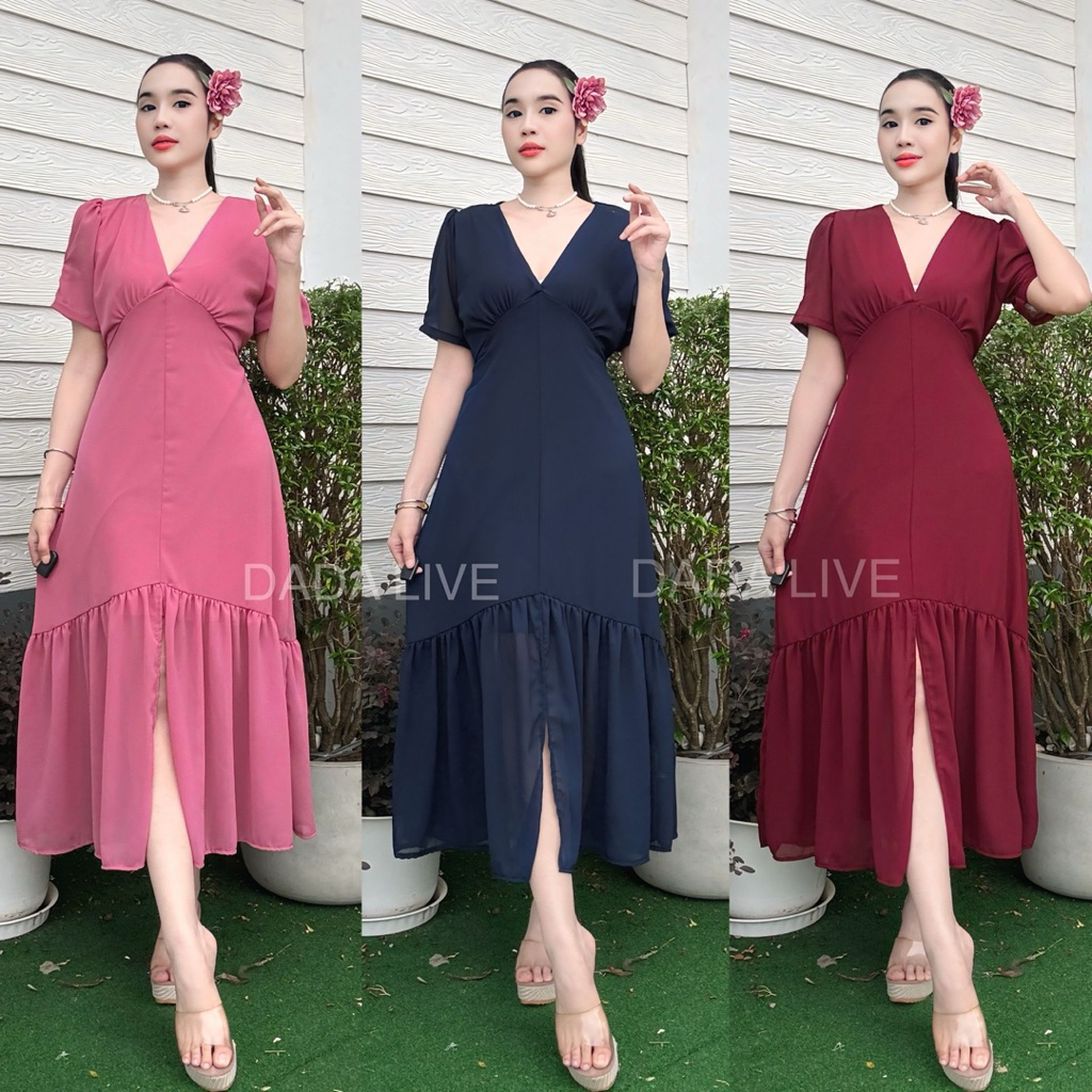 ชุดเดรสยาว ผ้าชีฟอง คอวี กระโปรงยาว50ทรงหางปลาสีพื้น