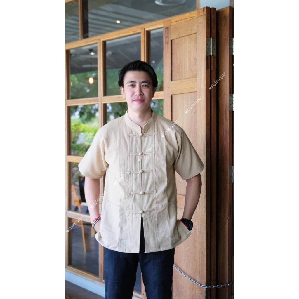พร้อมส่ง เสื้อผ้าฝ้ายคอจีน กระดุมถัก อก40-50" ผู้ชาย รูปที่ 5