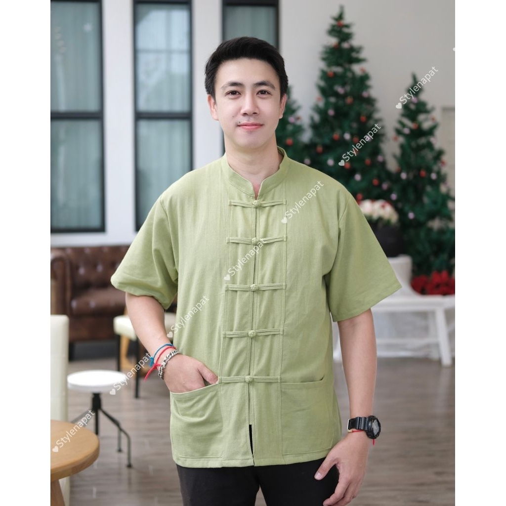พร้อมส่ง เสื้อผ้าฝ้ายคอจีน กระดุมถัก อก40-50" ผู้ชาย รูปที่ 7