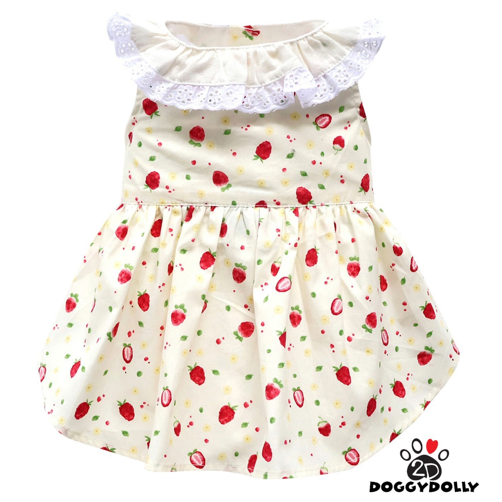 Pet clothes -Doggydolly  เสื้อผ้าแฟชั่น น้องหมาน้องแมว ชุดกระโปรง แขนกุด สีครีม ลายสตอเบอร์รี่ ขนาดไ