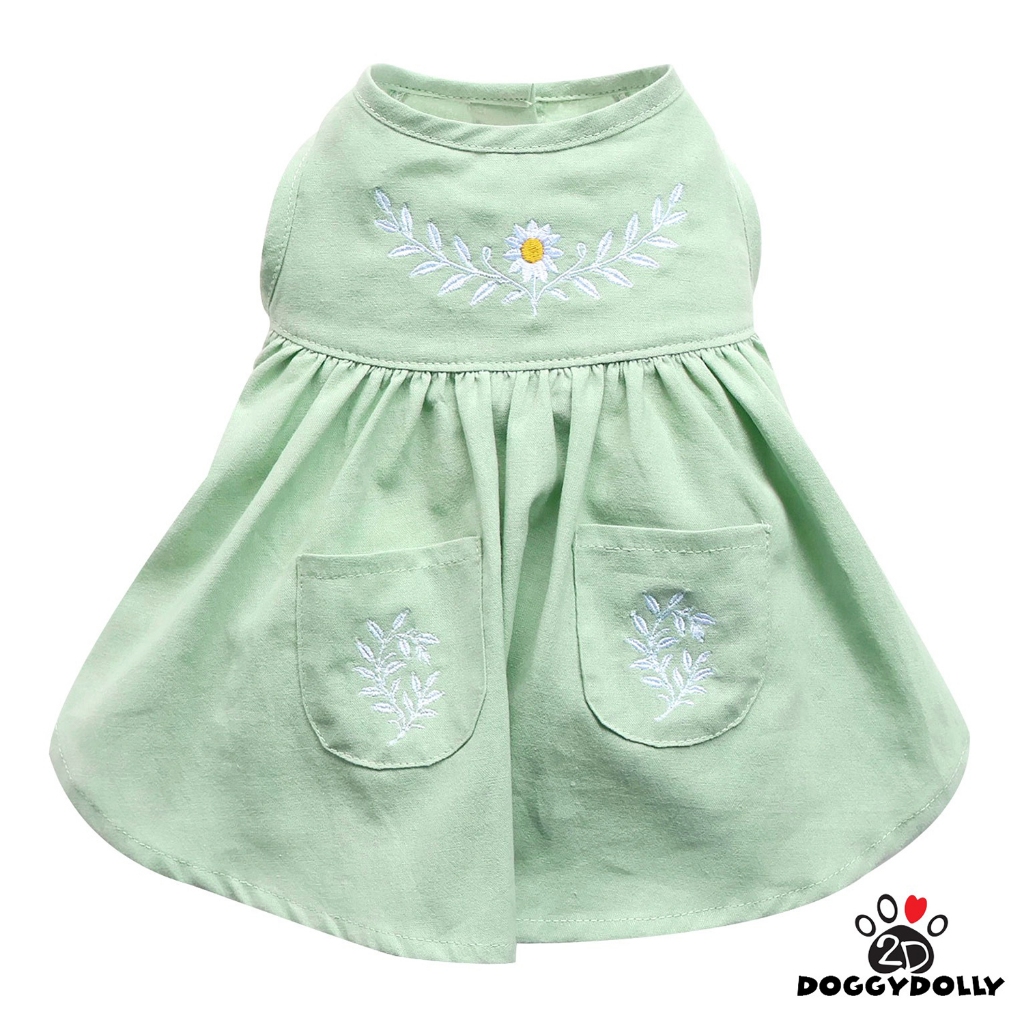Pet clothes -Doggydolly  เสื้อผ้าแฟชั่น น้องหมาน้องแมว ชุดกระโปรง แขนกุด สีเขียว ใบไม้ ฮันบก ขนาดไซส์ 1-9โล D892