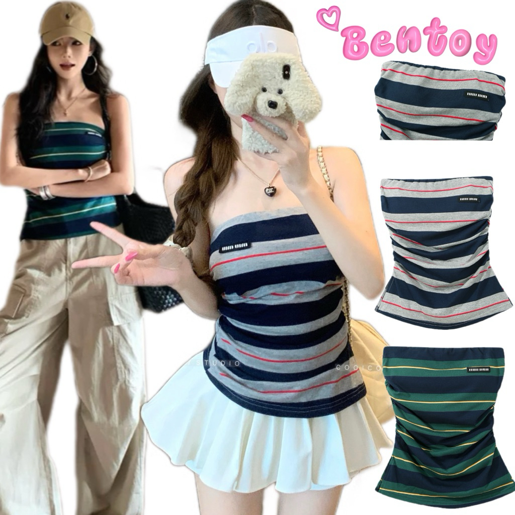 Bentoy(bratop938)เสื้อเกอะอกลายทางเก๋ๆ สวมใส่สบาย มีฟองน้ำในตัว nobra โทนสีอินเทรนด์สุดคิ้วท์
