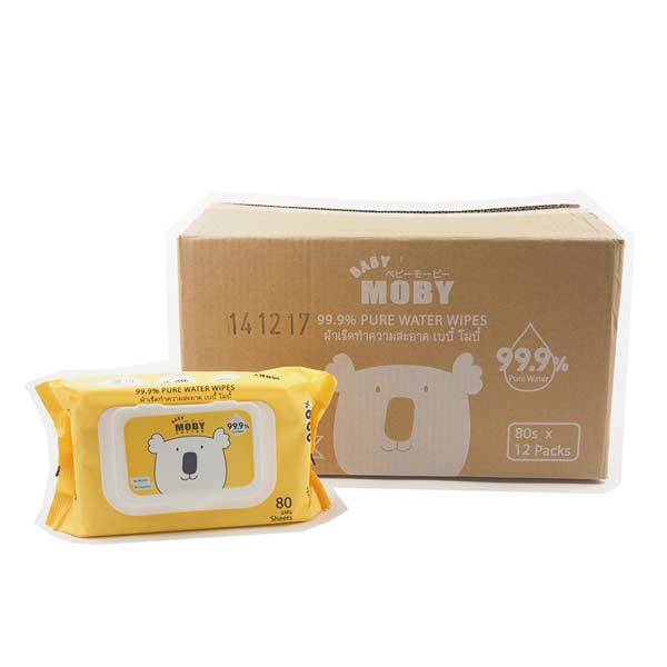[Baby Moby] ผ้าเช็ดทำความสะอาด 99.9% เพียววอเตอร์ 80 แผ่น/ห่อ ผ้าเปียก ทิชชู่เปียก