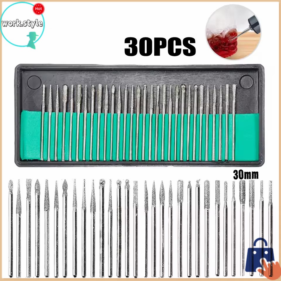 จัดส่งตอนนี้ ชุดดอกหัวเจียรเพชร 30 ชิ้น แกน 3mm สำหรับเครื่องเจียรไฟฟ้า แกะสลัก หินอ่อน แก้ว เซรามิก งานจิวเวอร์รี่
