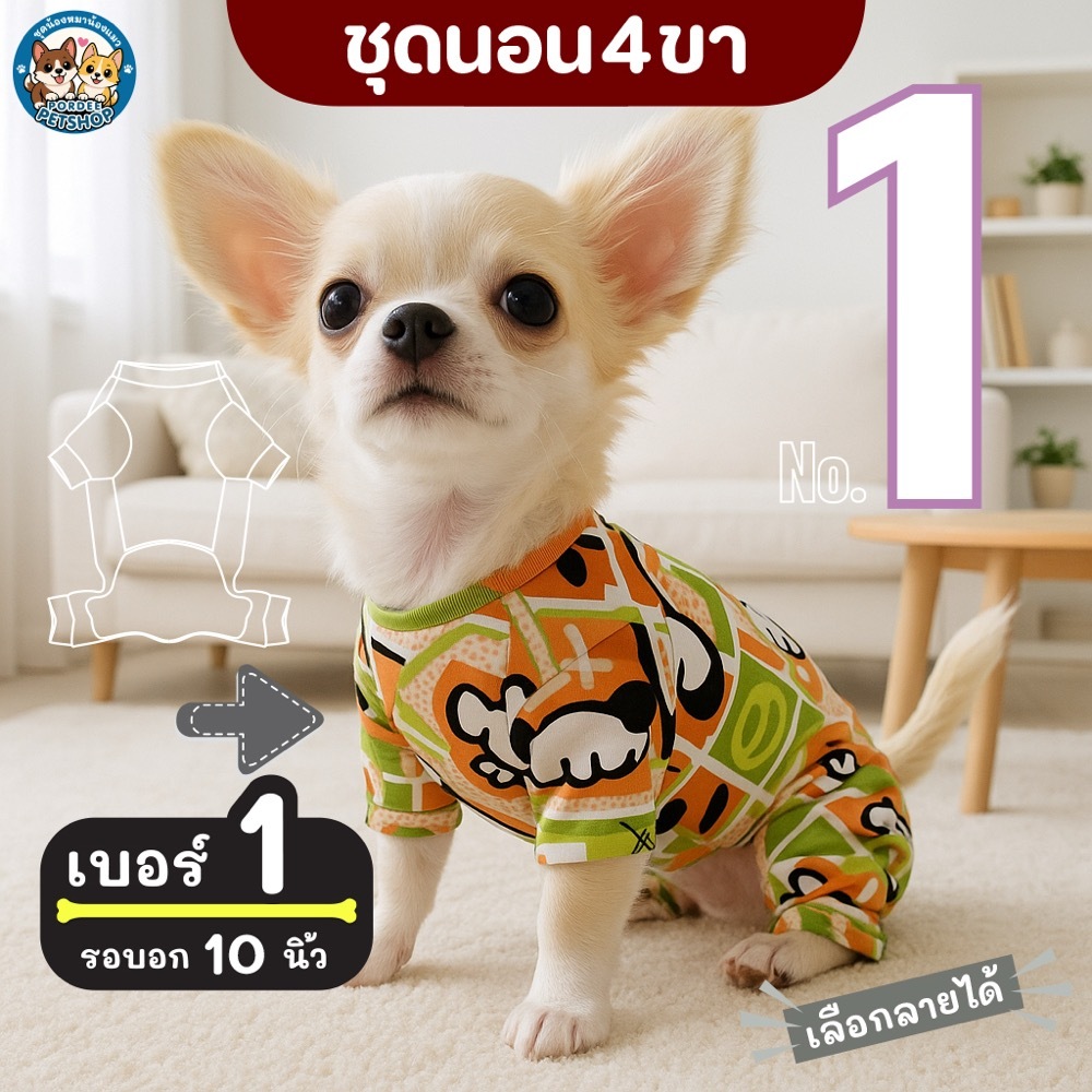 เบอร์ 1 ชุดนอน4ขา เสื้อน้องหมาน้องแมว รอบ-อก 10 นิ้ว