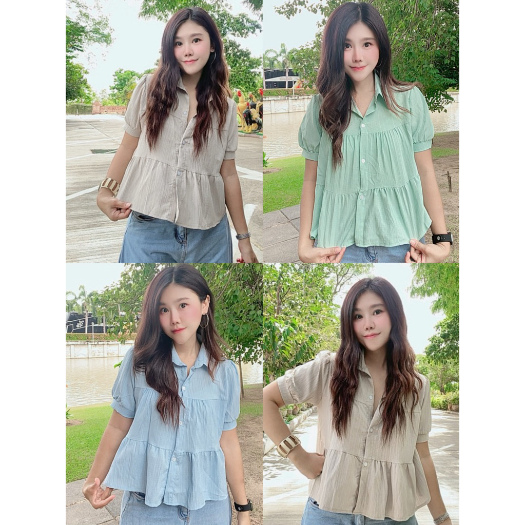 (พร้อมส่ง)💖🌸เสื้อเชิ้ตแขนสั้นคอปกระบายขนมชั้น อก 40" ผ้ายับใส่สบายไม่ร้อนไม่ต้องรีด สีสันสดใส ดีไซน์น่ารัก