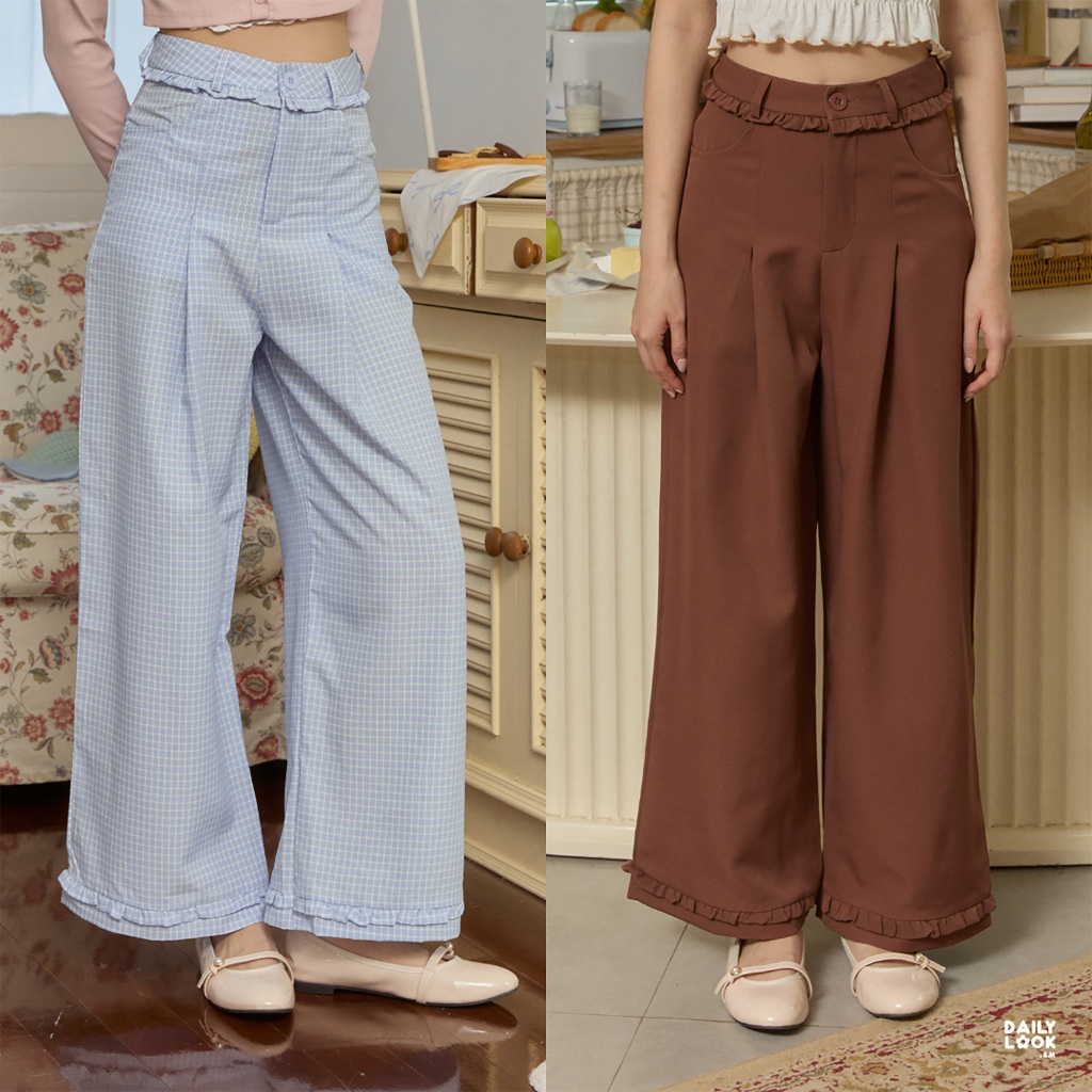 DAILYLOOK.SM --- Tarte pants กางเกงผ้าขายาวทรงกระบอกเอวสูง มีระบายรอบเอวและปลายขา