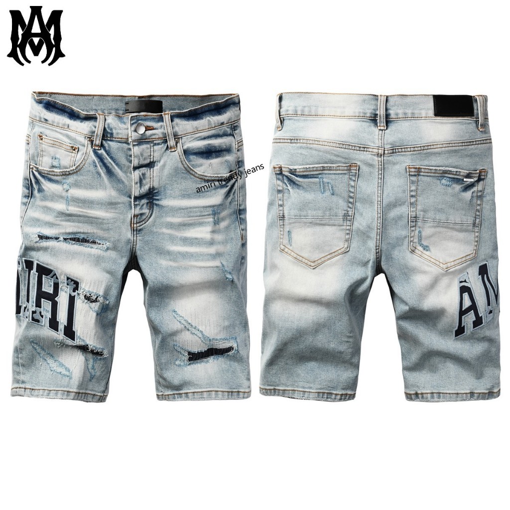 Amiri กางเกงขาสั้นยีนส์ขาดเท่ๆ สำหรับผู้ชาย กางเกงขาสั้นฮิปฮอปแฟชั่นใหม่