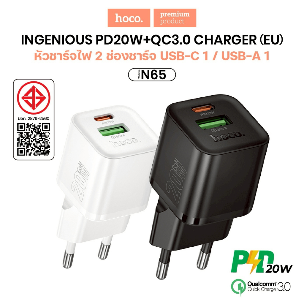 หัวชาร์จเร็ว HOCO N65 Fast charging 2 พอร์ต PD20W+QC3.0 ปลั๊กชาร์จขากลม EU ทนทาน
