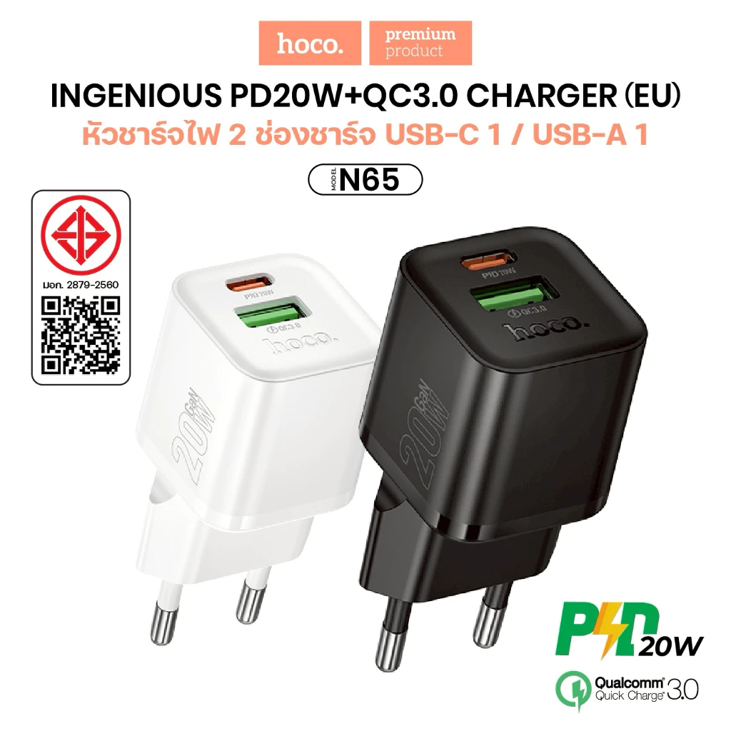 หัวชาร์จเร็ว HOCO N65 Fast charging 2 พอร์ต PD20W+QC3.0 ปลั๊กชาร์จขากลม EU ทนทาน