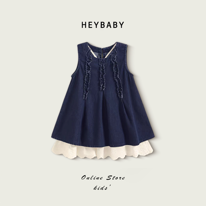 2-12 ปี ชุดเดรสเด็กผู้หญิง กระโปรงยีนส์ เดรสแขนกุด ผ้าบาง นุ่ม สบาย เซ็ต 2 ชิ้น