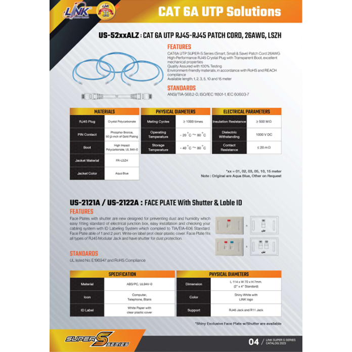 Link US-52XXALZ-9 Unshield CAT 6A UTP (สีฟ้า)Super-S Series RJ45 Patch - รูปที่ 3