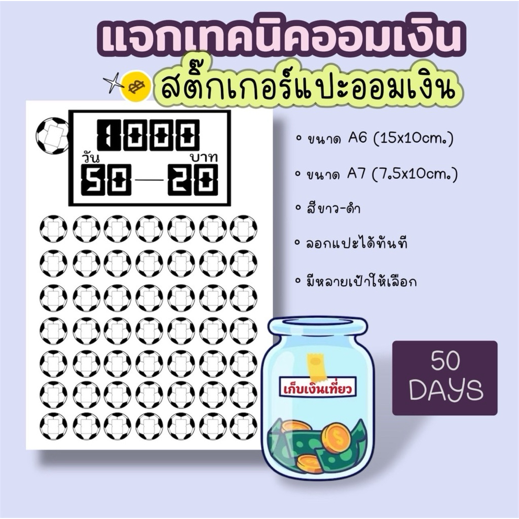 สติ๊กเกอร์ใบออมเงิน ลอกแปะสะดวก A6 A7 สีขาว-ดำ กาวแน่น แปะกระปุกออม 50วัน