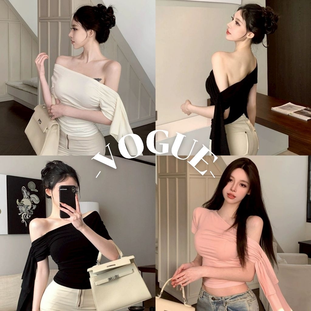 Vogue🌟พร้อมส่ง🌟 เสื้อแขนสั้นเปิดไหล่ ผ้านิ่มสีพาสเทล ปลายแขนปล่อยเก๋ๆ (FY3131#1)