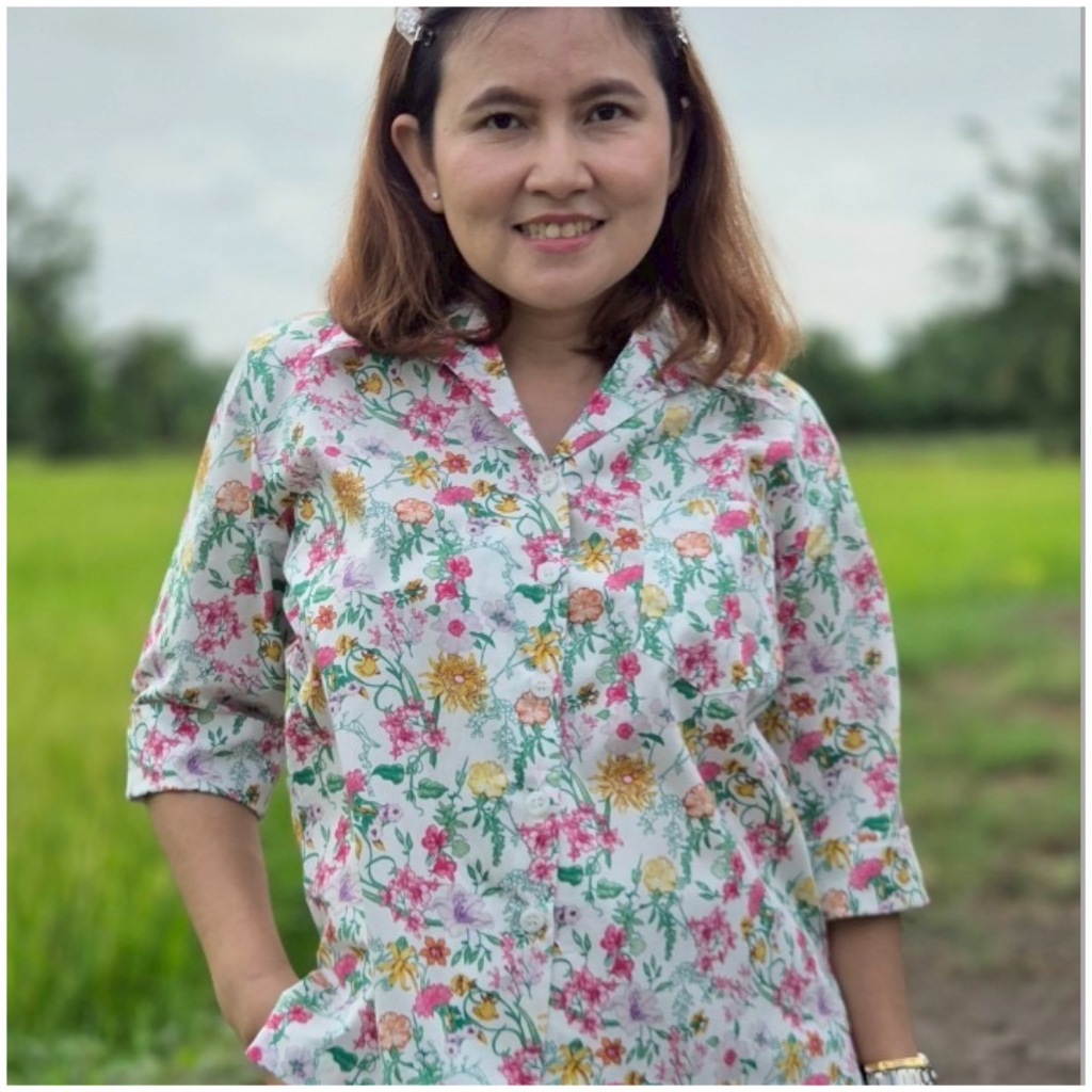 Tissara Boutique ทิศราเสื้อเชิ้ตผู้หญิง แขนสามส่วน เอวตรง ผ้าคอตตอน 100% ลายดอกชมพูเหลือง_พ04