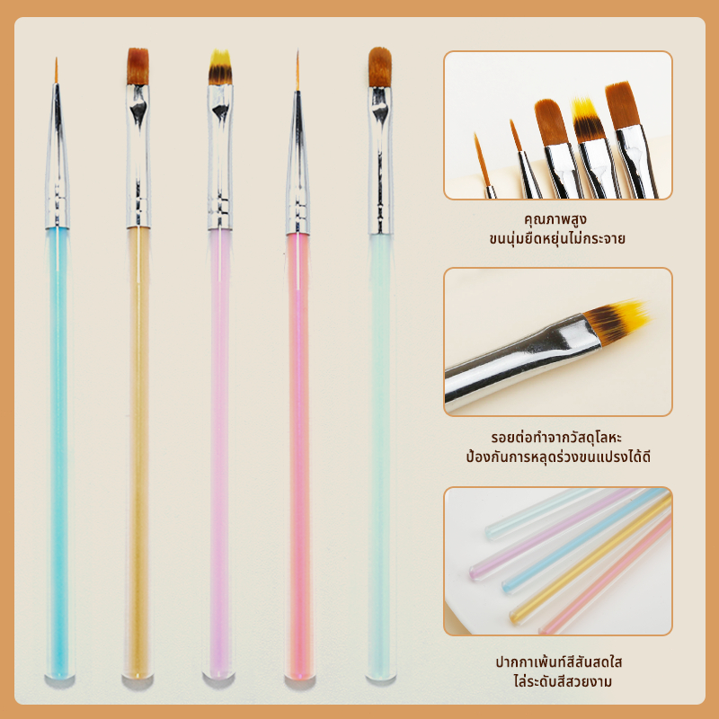 Nawoelite สีทาเล็บ แปรง เล็บ ชุดแปรงทาเล็บ 5 ด้าม พร้อมสีออโรร่า ✨ เครื่องมือทำเล็บ DIY แปรงวาดลวดลายสุดคัสตอม - รูปที่ 6