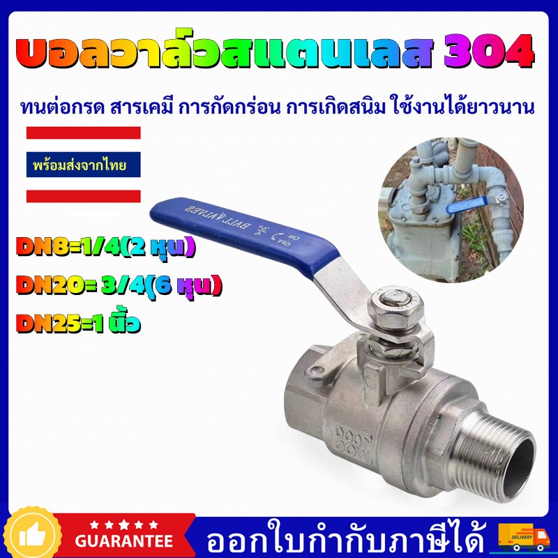 Ball Valve บอลวาล์วสแตนเลส บอลวาล์วเกลียวนอก-เกลียวใน สแตนเลส 304 รูเต็ม ขนาด 1/4 (2หุน) /3/4 (6หุน)/1 นิ้ว