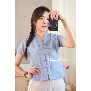 เสื้อผ้าฝ้ายคอวีแขนสั้นกระดุมเมทัลลิค