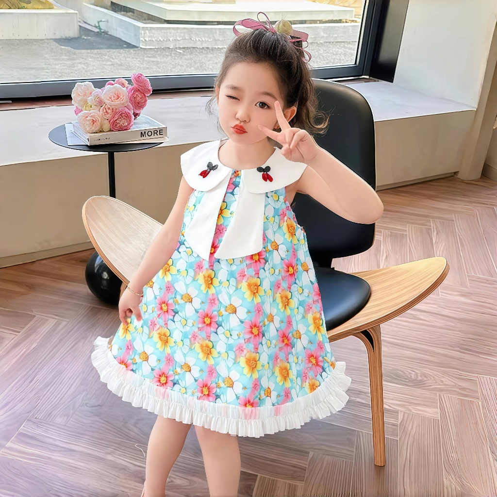 1-12 ปี  ชุดฤดูร้อนหญิงสาว รูปแบบการพิมพ์ กระโปรงพิมพ์ลาย A พิมพ์เสื้อกั๊กแขนกุด เดรสเด็กผู้หญิง เนื้อผ้าเบ สวมใส่สบาย รูปที่ 2