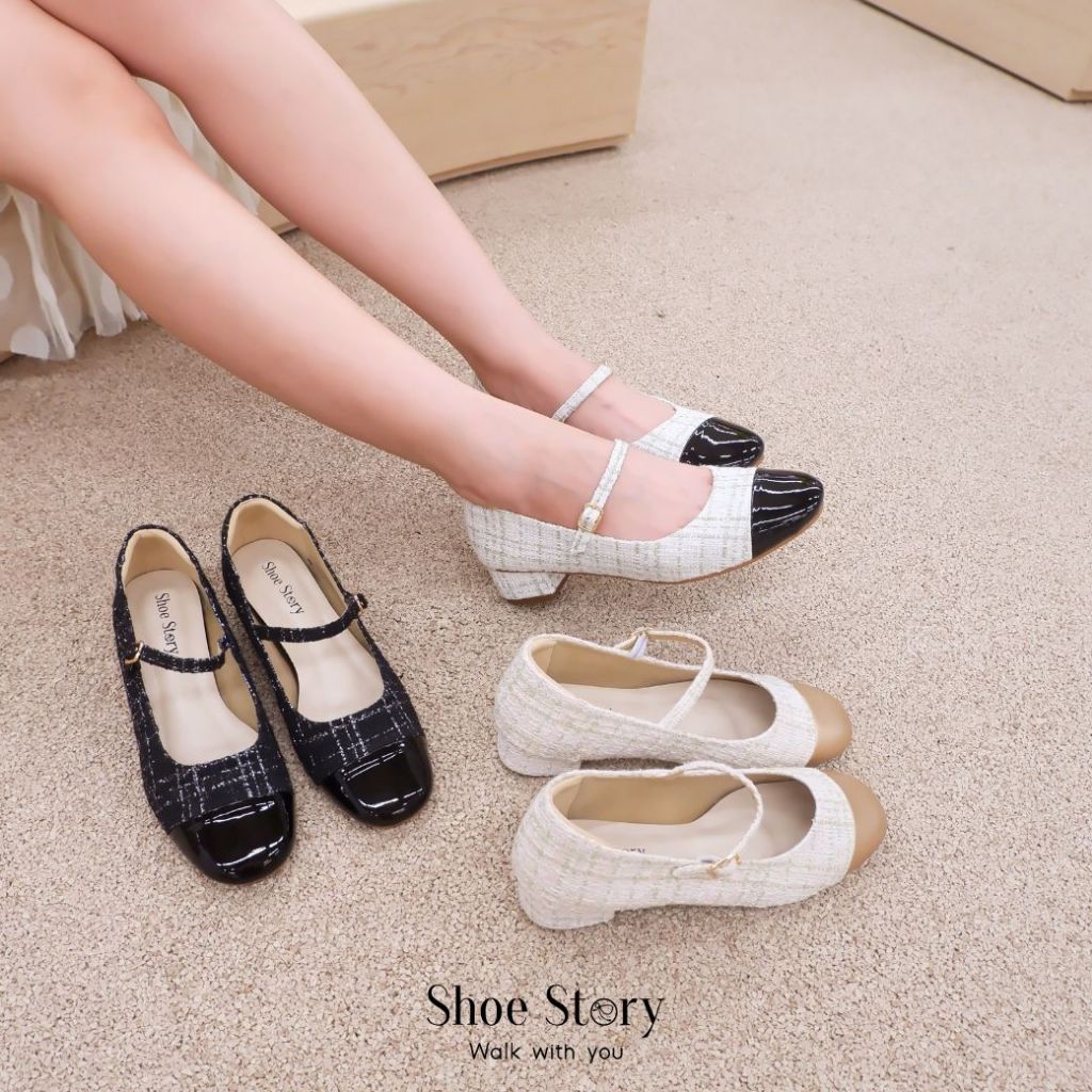 Shoe Story : รุ่น Mary Jane Tweed Mid Heels รองเท้าผู้หญิง คัชชู แมรี่เจน ผ้าทวีด ส้นบล๊อก สีสุภาพ