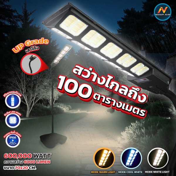 โคมไฟโซล่าเซลล์ ไฟถนน 600000W ปรับได้3สี ชุดครบเซต โคม+เสา+ฐาน ไฟLED Sola light สว่างข้ามคืน แบตอึด กันน้ำIP66 รับประกัน