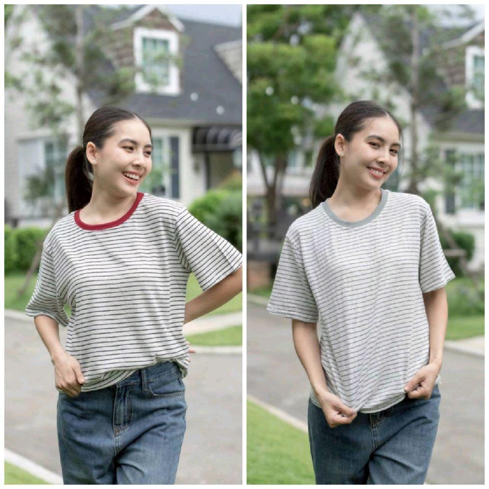 P41  เสื้อยืดคอกลมลายริ้ว ผ้าสลาฟไหมพรม