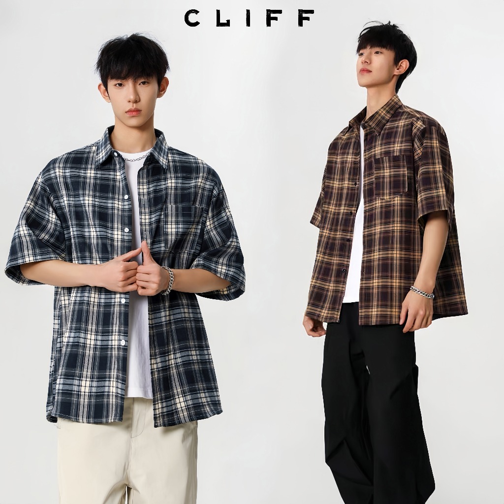 CLIFF เสื้อเชิ้ตลายสก๊อต เสื้อยืดแขนสั้น แบรนด์ยอดนิยมสำหรับฤดูร้อน ความรู้สึกระดับสูง แบบหลวมลำลอง