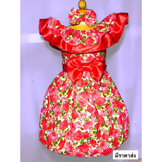 ชุดลายดอกคอระบาย.เปิดไหล่ได้.ชุดทองกวาว.แถมโบคาดผมทุกชุด