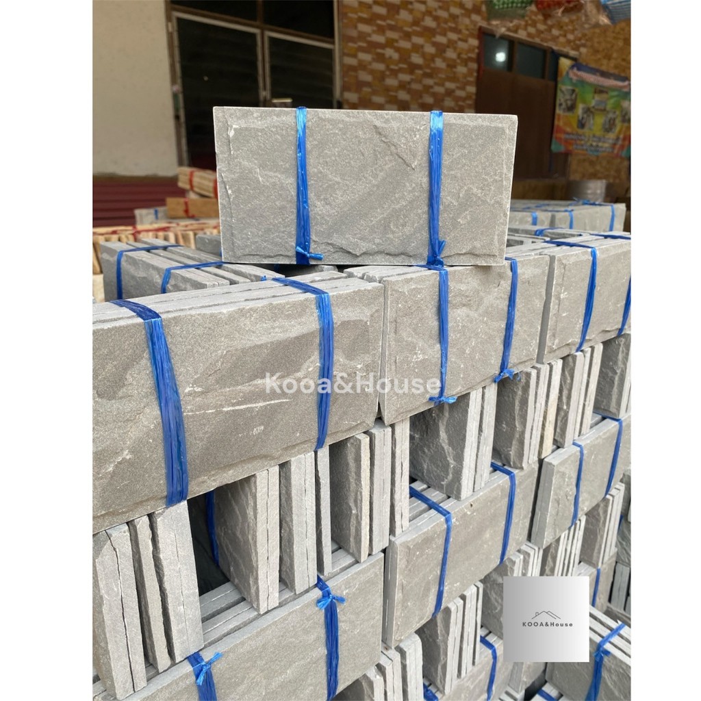 หินทรายธรรมชาติ สีเขียว ติดผนัง ปูเสาปูพื้น ขนาด 10x20 cm.