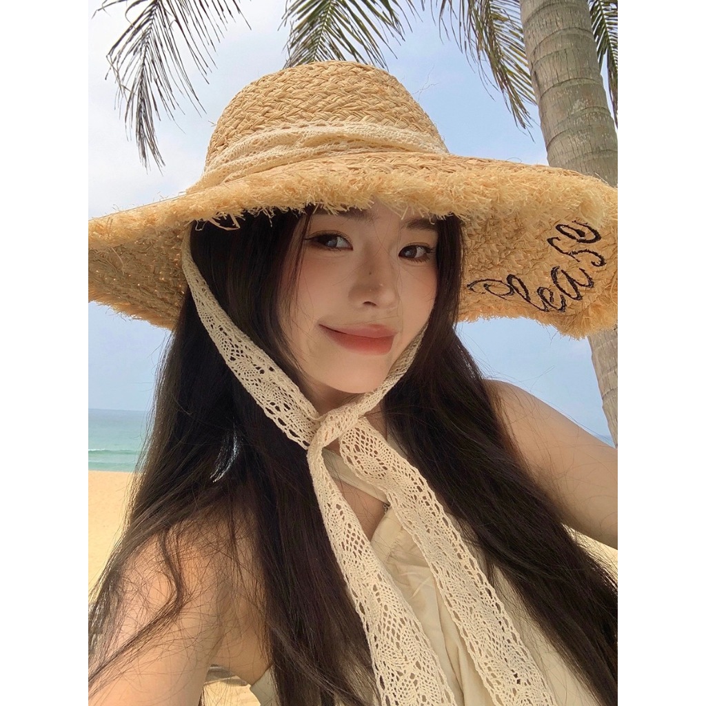 Raffia หมวกปีกกว้างบังแดดใส่เที่ยวทะเลเก๋ๆ พร้อมส่งจากไทย E002