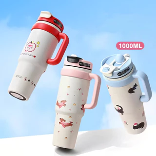 【ONDA】แก้วเยติ สแตนเลส316 ลายวาดเล่น มีหูจับ แถมหลอด+จุกยาง 1000ML ถ้วยฉนวนแบบพกพา