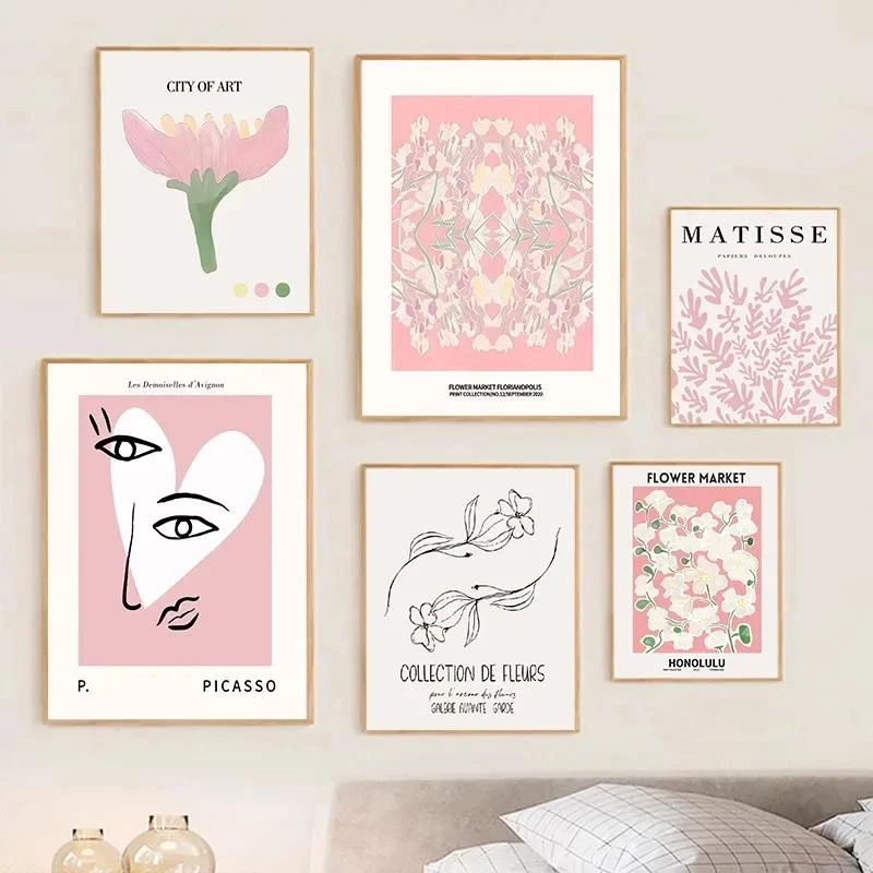 (พร้อมส่งจากไทย ภาพรวมกรอบ)ภาพ ดอกไม้สีชมพู Market Nordic Matisse Love Eyes picasso ภาพตกแต่งห้องนั่งเล่น