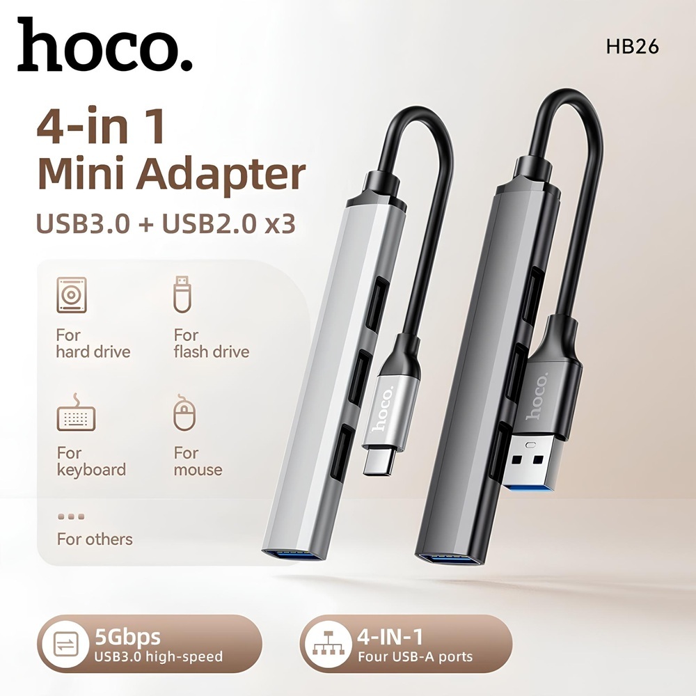 HOCO HB26 อะแดปเตอร์ฮับ 4-in-1 Type-C / USB to USB 3.0 + USB 2.0 x 3 อุปกรณ์เพิ่มช่องยูเอสบี HUB