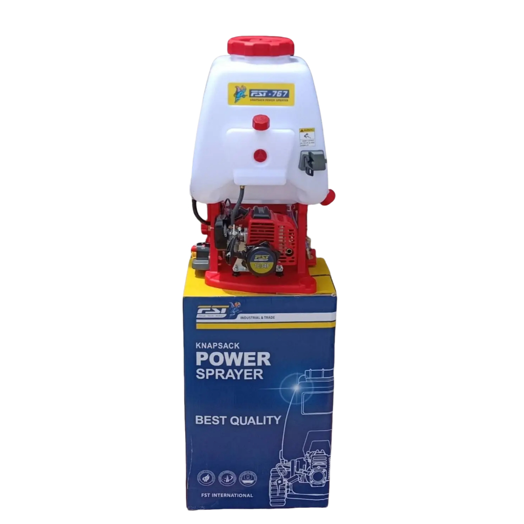 เครื่องพ่นยา 767 25 ลิตร 2 จังหวะ มีหม้อลม 2ลูก คาร์บูลูกลอย ปั๊มทองเหลือง FST