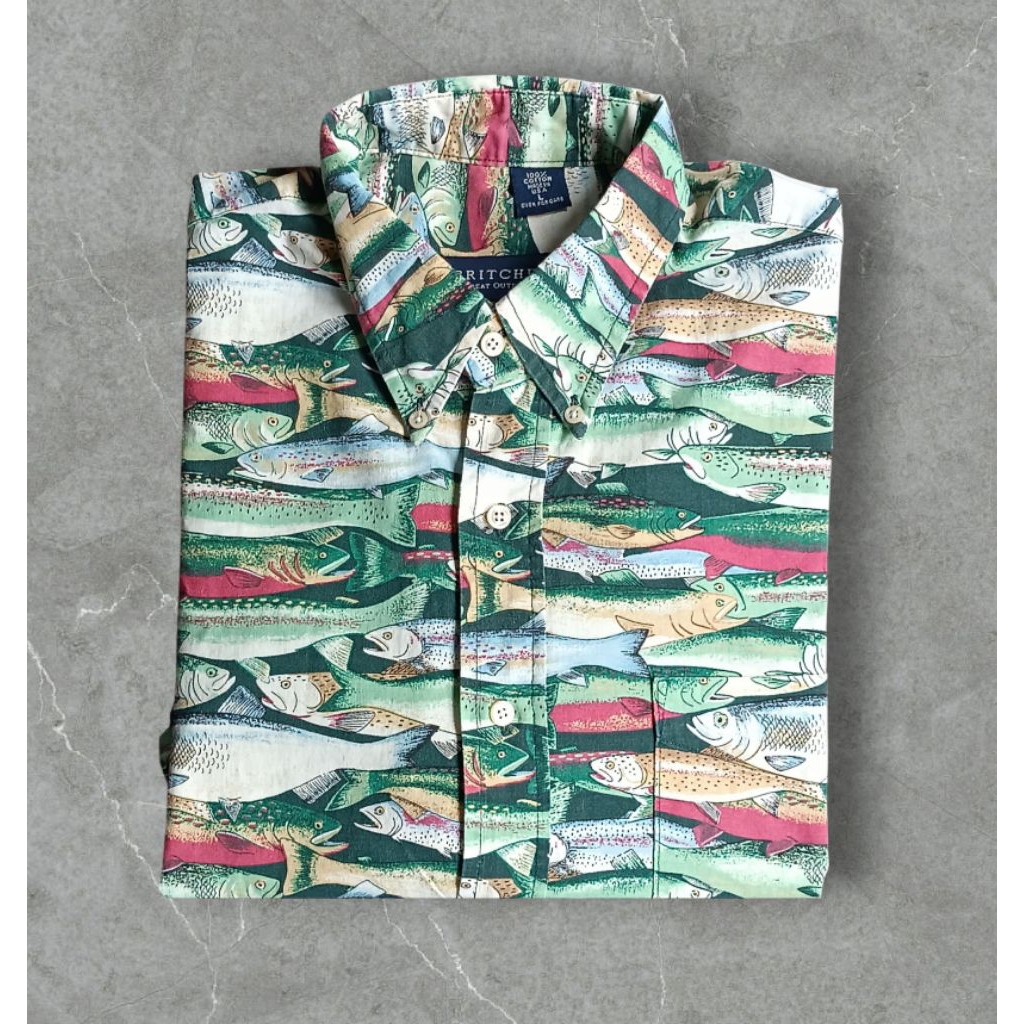 Vtg Fishing Shirt All Over Print Colorful Fish 90s Made in U.S.A.🇺🇸ขนาด: อก 25"(50) ยาว 32" ไหล่ 21"