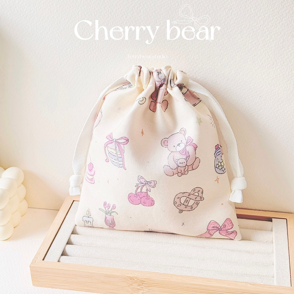 Tottybear l กระเป๋าหูรูด ลาย cherry baer ขนาด 7*6 นิ้ว ถุงผ้าหูรูด ทางสี่เหลี่ยม ใส่ของจุกจิก ของขวัญให้เพื่อน