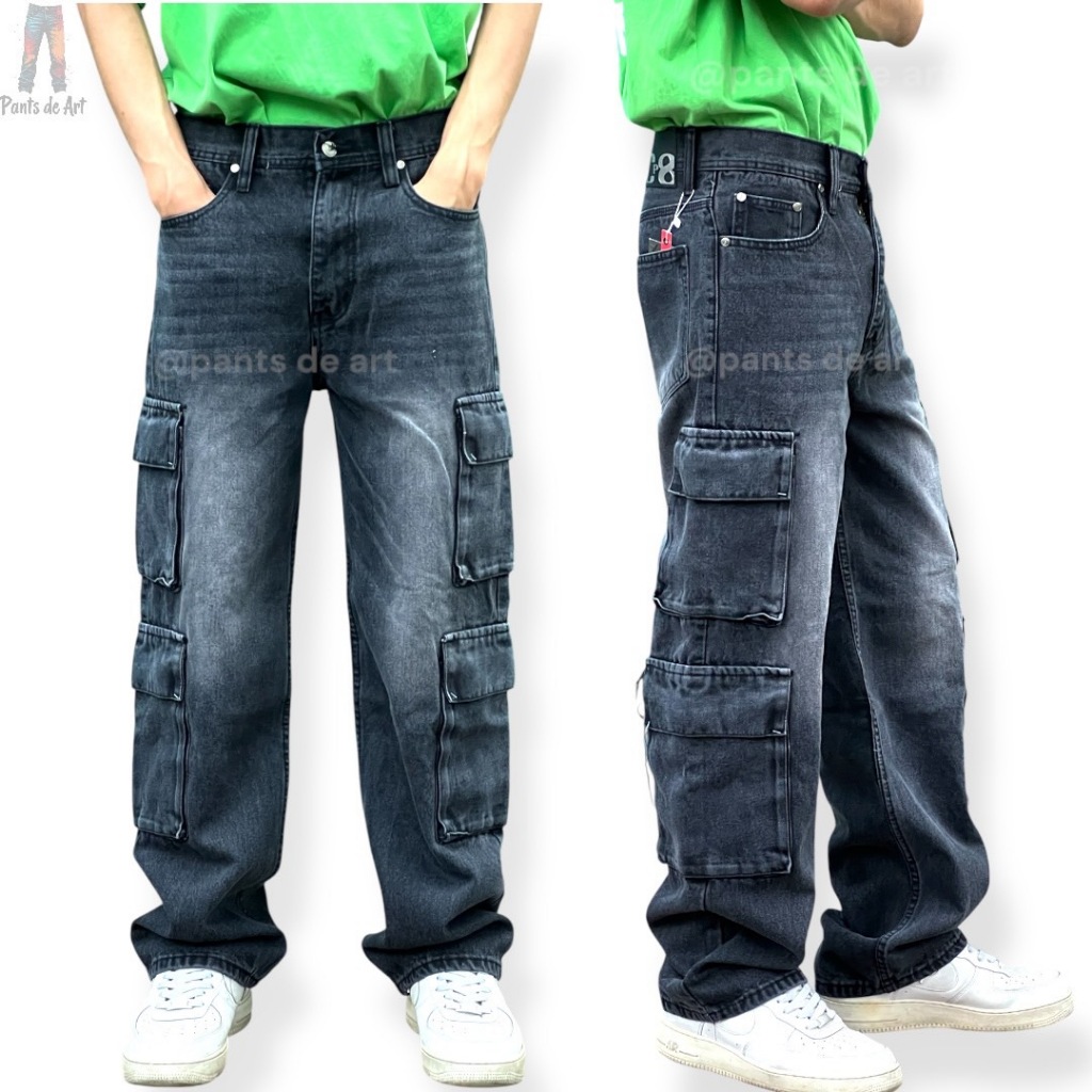 PANTSDEART รุ่นใหม่ กางเกงคาร์โก้ยีนส์ขายาว ผู้ชาย ผ้ายีนส์ฟอกนิ่ม สีดำฟอก W.26-36 มี 8 pockets