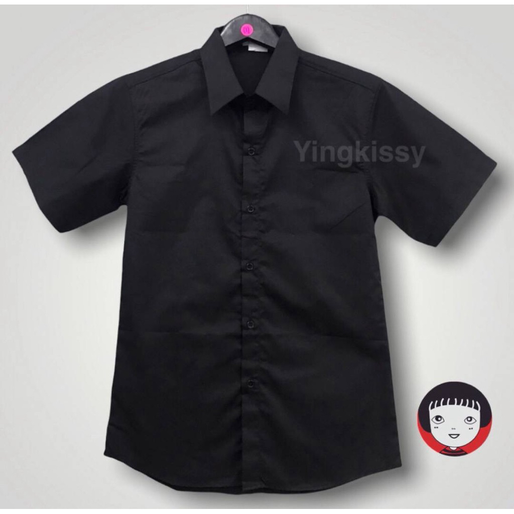 เสื้อเชิ้ตแขนสั้นสีดำผู้ชาย(ไม่มีกระเป๋า) ผู้หญิงใส่ได้เหมือนทรงบอย อก 36-46นิ้ว