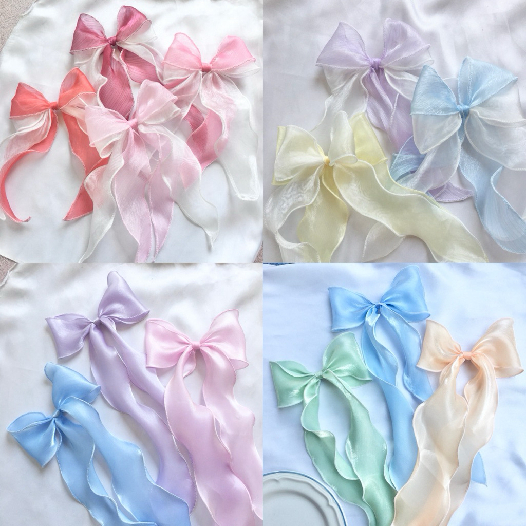 ( 1 ชิ้น )🎀โบว์กิ๊บงานผ้าหางยาว (ผ้าแก้ว ผ้าซาติน) พริ้วสวยสีหวานงานฉ่ำ