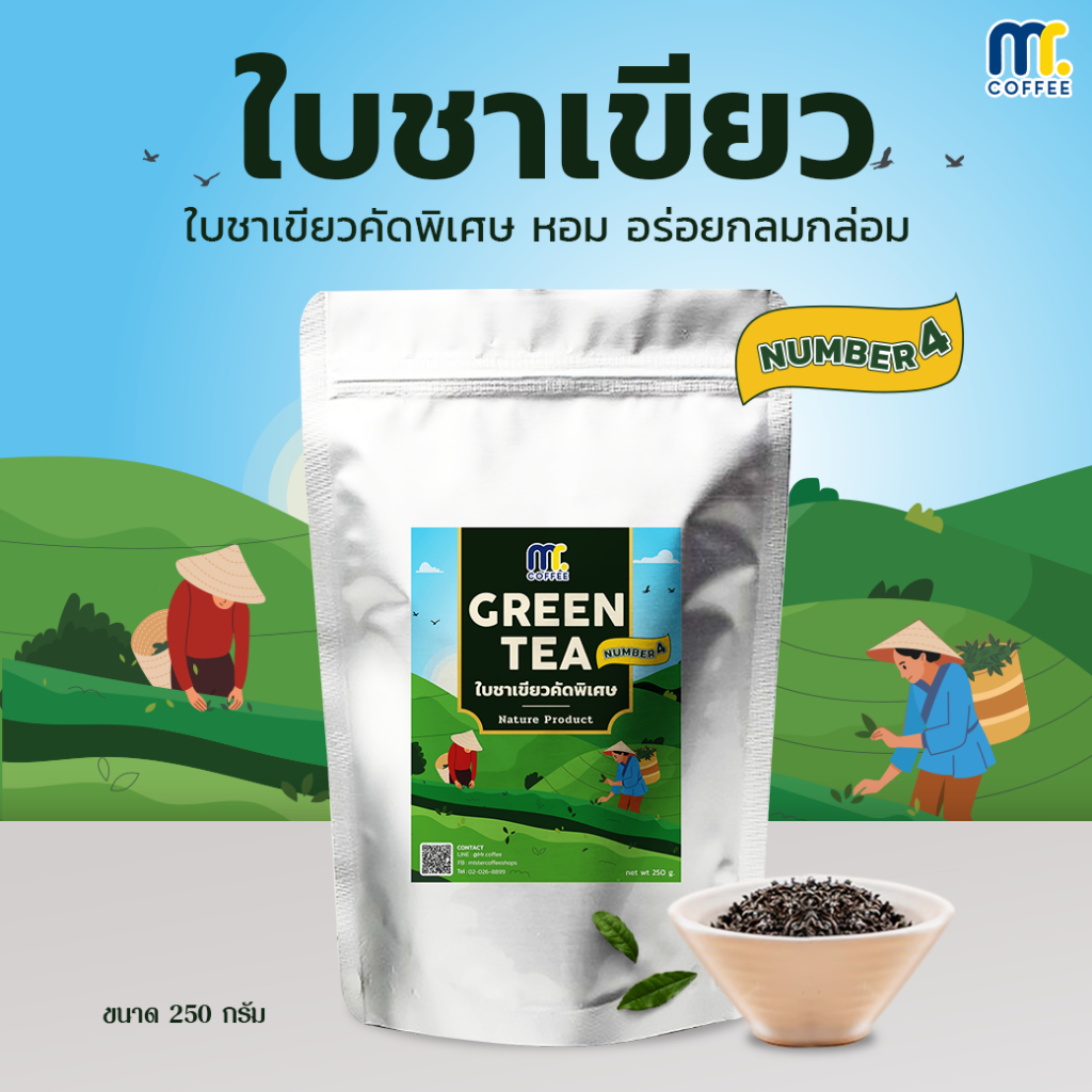 ใบชาเขียวคัดพิเศษ สูตร 4 Greentea By Mistercoffee ใบชาเขียวคัดพิเศษ ที่เป็นเอกลักษณ์ ขนาด 250 กรัม