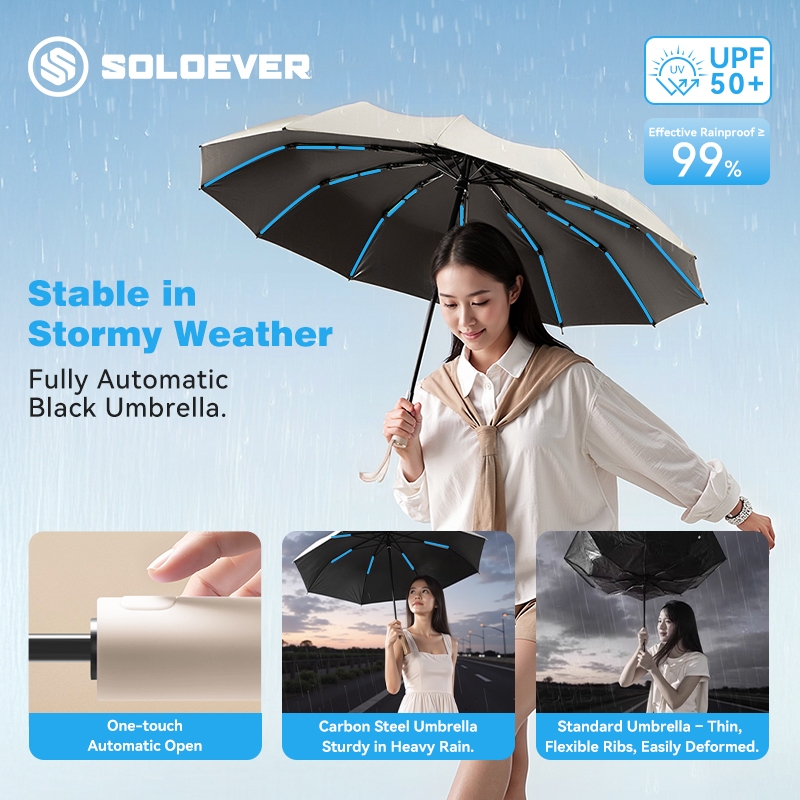 SOLOEVER tri-fold black vinyl umbrellaร่มกันแดดกันฝนพับ 3 ทบ พร้อมระบบเปิด-ปิดอัตโนมัติแบบกดเดียว