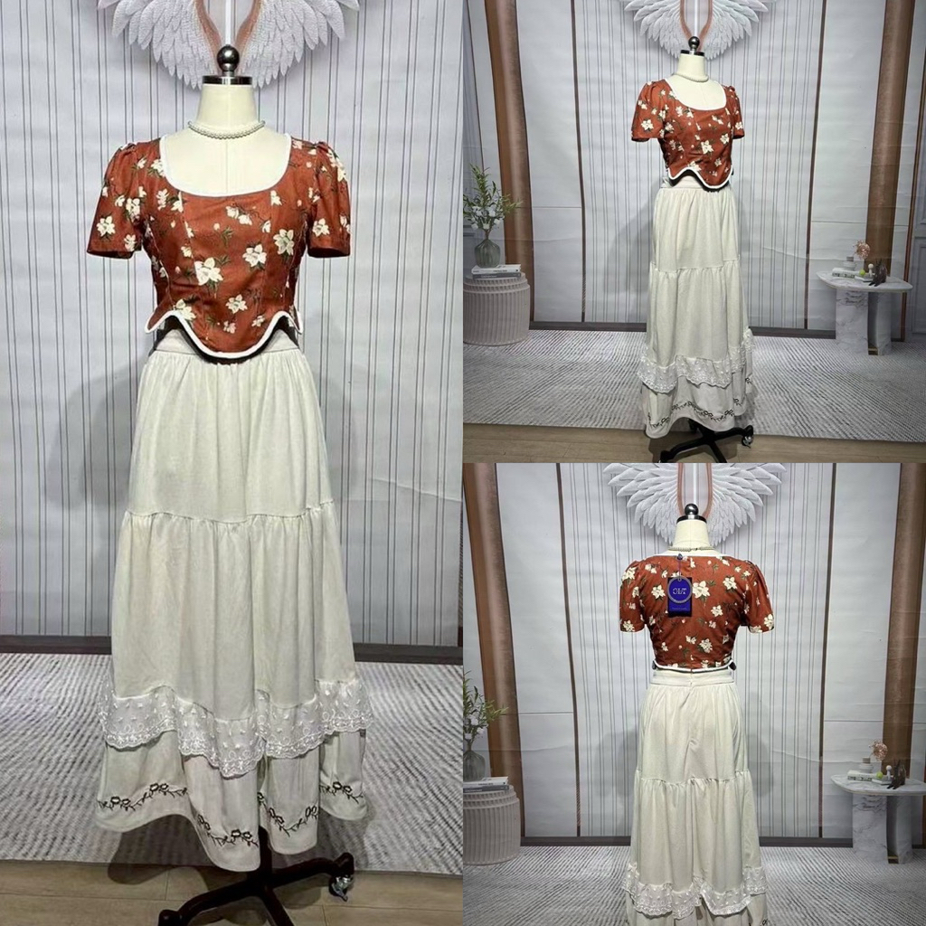 (sale) ชุดเซตกระโปรง เสื้อขอบหยัก + กระโปรงยาวแต่งระบายชั้นๆ งานป้าย chalita
