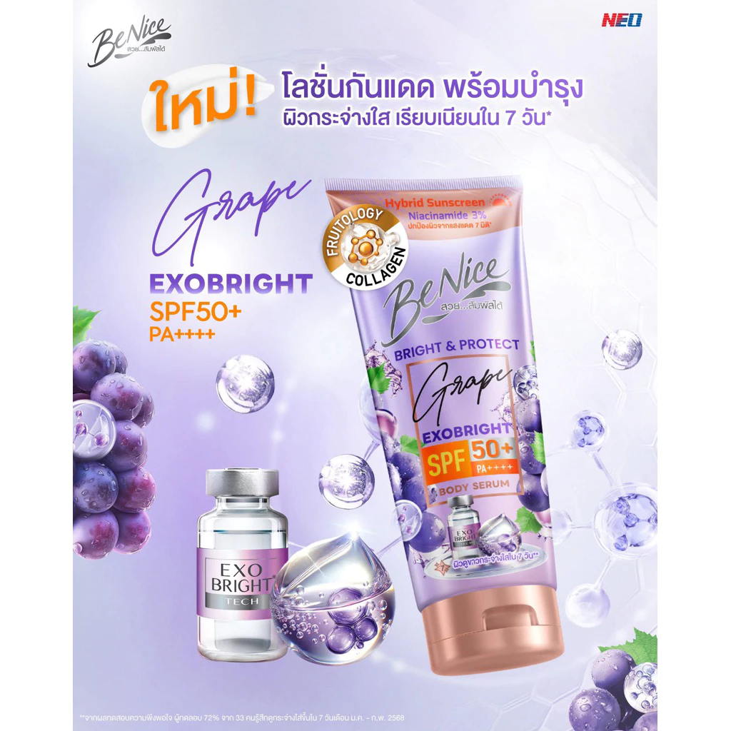 Benice บีไนซ์ บอดี้เซรั่ม เกรป เอ็กโซไบรท์ SPF 50+ PA++++ 150 มล.