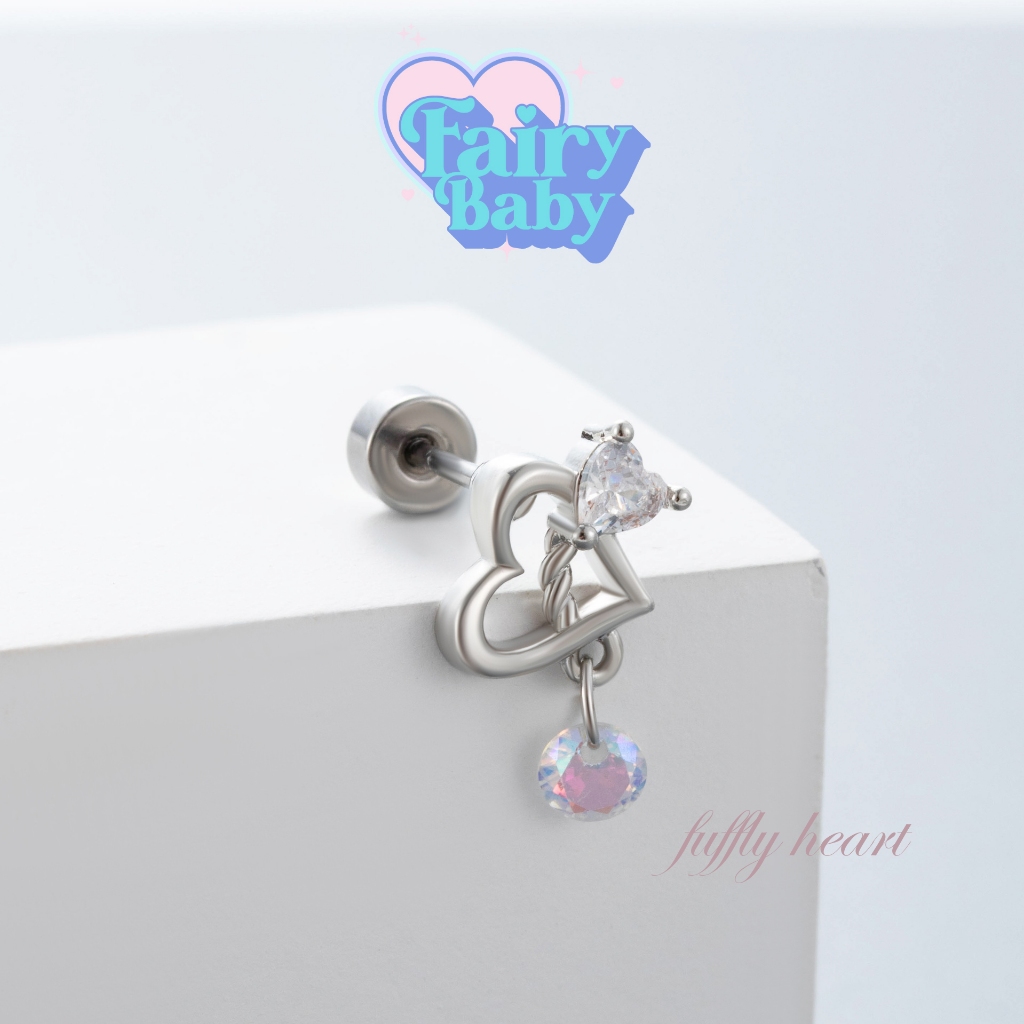 Fairybaby จิว Fluffly Heart (1 ชิ้น) แป้นแบน จิวหู หัวใจ ตุ้งติ้ง โฮโลแกรม หนา 0.8 ยาว 6 mm