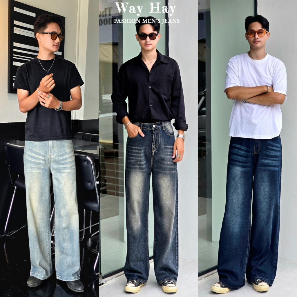 Baggy Jeans กางเกงยีนส์ผู้ชายขากว้าง ไซลินไดรต์ พอดี คอปกปานกลางพอดีเก็บอย่างดี