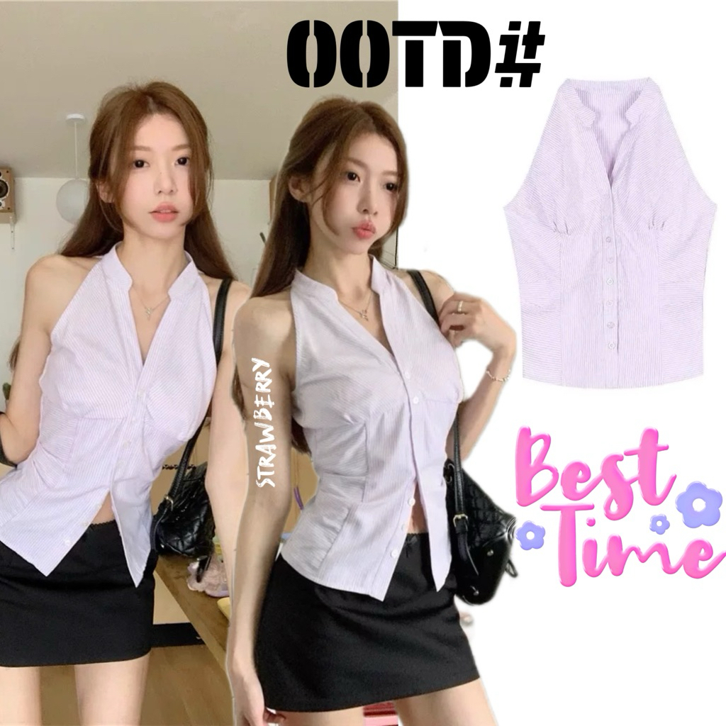 STR พร้อมส่ง🍬✨ เสื้อเชิ้ตแขนกุด คอวี เสื้อครอปทรงรัดรูป สไตล์ลําลอง ปกกระดุมหน้า เอวลอย โชว์ไหล่ลายริ้ว สําหรับผู้หญิง