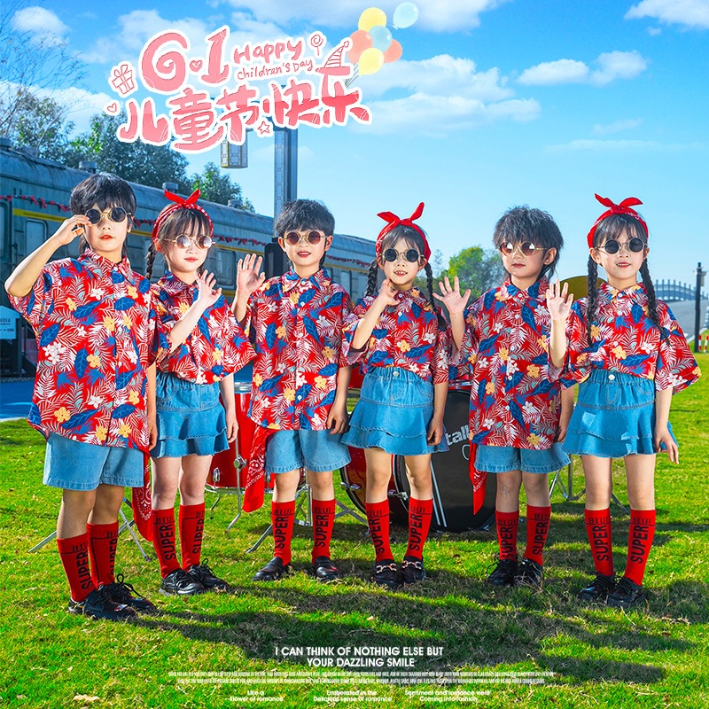 (พร้อมส่งในไทย) ชุดเสื้อลายดอกไม้สไตล์ฮ่องกง ชุดเชียร์ลีดเดอร์เด็ก ชุดการแสดง (ครบเซ็ต) - รูปที่ 2