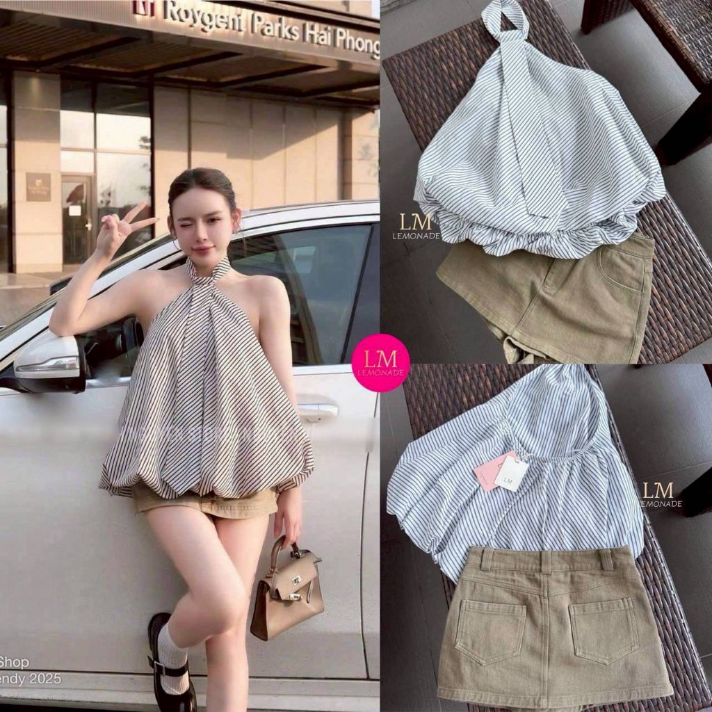 LEMONADE ชุดแมทช์ everylook เสื้อทรงบอลลูนคล้องคอ ดีเทลเนคไทคเย็บติด มาพร้อม กระโปรงยีนส์