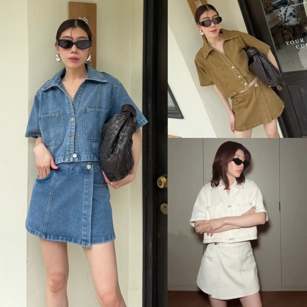 พร้อมส่ง #21 SET CROPPED SLEEVE SHIRT + SHORT x2 ( 2 ชิ้น)เซ็ตเสื้อยีนส์ครอปคอวี+กางเกงกระโปรง